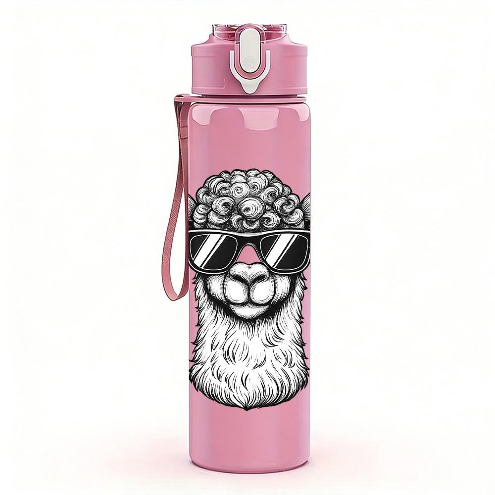 1PC Monochrome Llama Head 750ml Color Plastic Sports Water Bottle Leakproof Flip Straw Lid Suitable for Sports Office Home Use