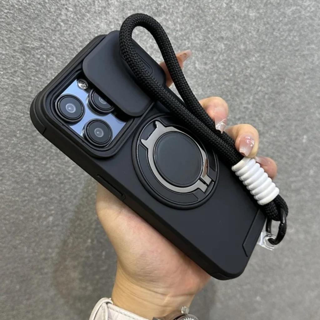 Armor Magnetic Bracket Case for 16e 16 14 13 12 11 15 Pro Max Plus With Lanyard Slide Camera Protection Shockproof Cover