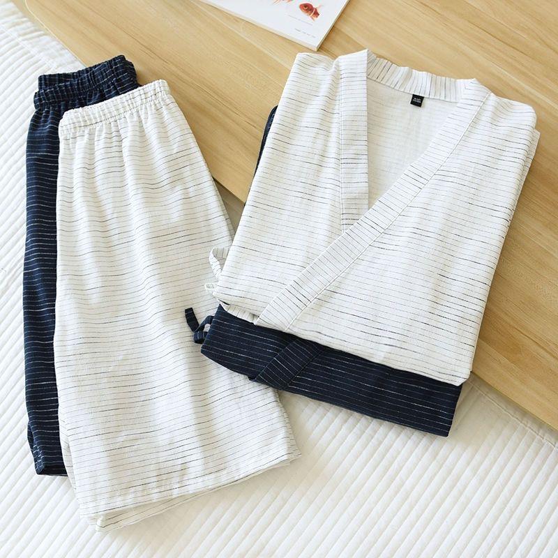 Kimono Pajamas Men's Pajamas Summer Thin Short-sleeved Shorts Cotton Simple Home Service Suit Pantalon Pijama Homber