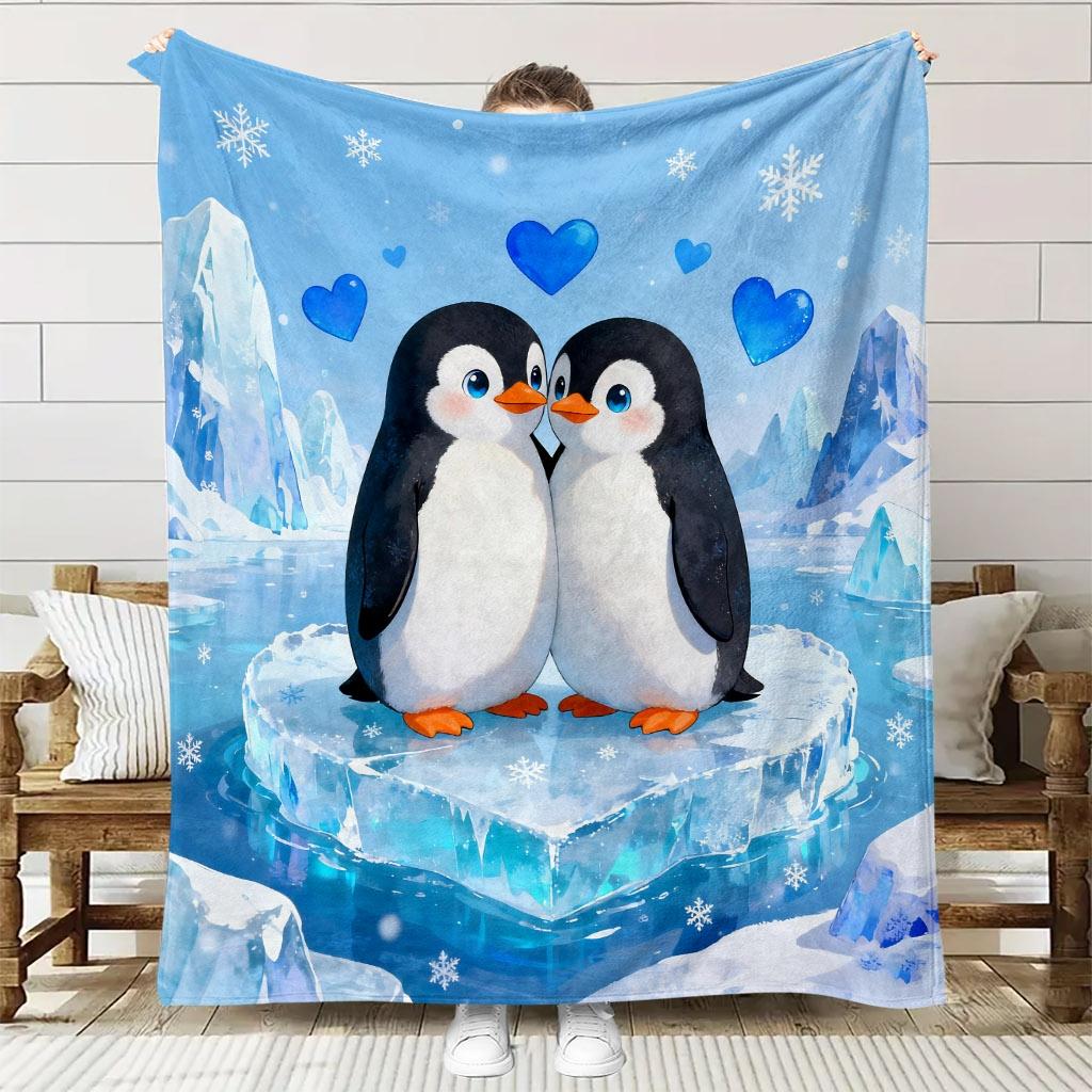 1pc Soft Ice Penguin Couple Theme Flannel Blanket | High-Definition Digital Print, All-Season, Soft and Breathable, Polyest 75X95CM