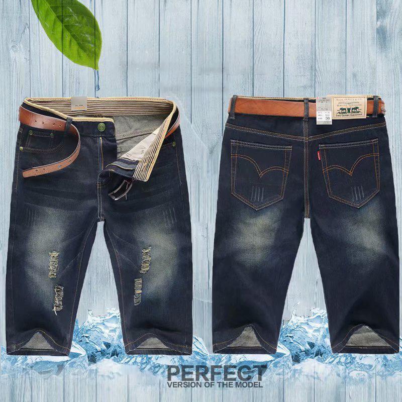 Summer Men's Personalized Washable Perforated Denim Pants Large Casual Middle Pants Straight Leg Slim Fit with Ripped Holes Shorts