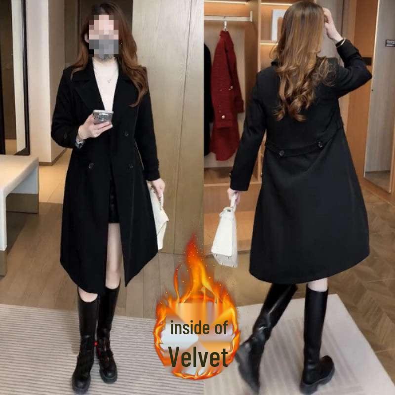 

2026 Autumn/Winter Women s Stylish Plus Velvet Slimming Mid-Length Windbreaker Jacket. 3XL