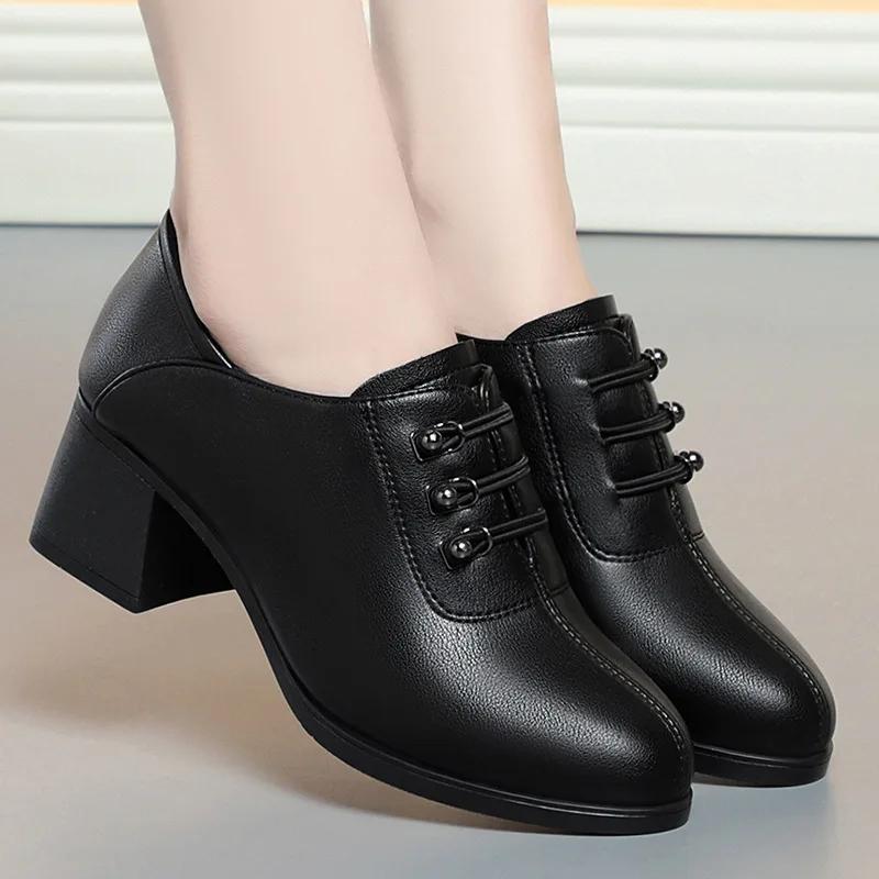 Fashion 2025 Women's Spring Leather Shoes Solid Color Round Toe Chunky Heel Loafers Female Fashion Office High Heels Shoe Mom's Shoes