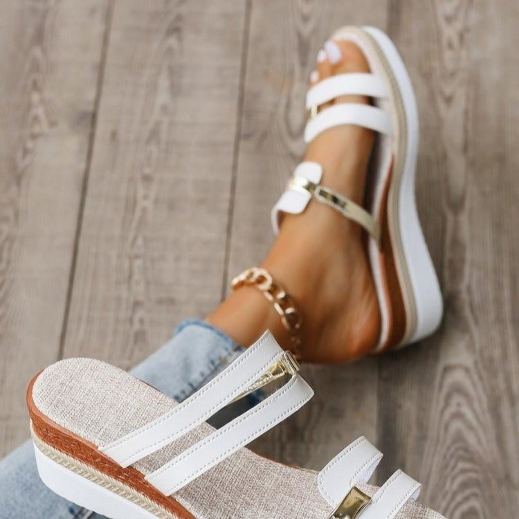 2025 Summer New Casual One-word Slope Heel Thick Bottom Woven Foreign Trade Large Size Women's Slippers