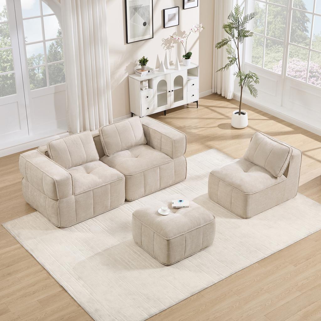 3-Seater L-Shaped Frameless Modular Sofa with 1 Stool, Boneless Design, 32D High-Density Foam, Deep Seat Cushion, Comfortable Fabric, Beige.
