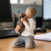 Puppy And Boy Figurine Kneeling Boy In Blue Jeans Holding Dog Statue Resin Sculpture for Bedroom Office Desk Bookshelf Decor Gifts for Dog Lovers