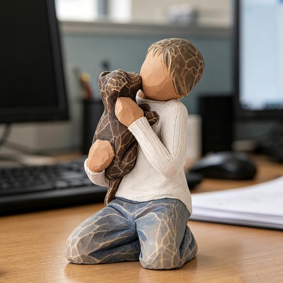 Puppy And Boy Figurine Kneeling Boy In Blue Jeans Holding Dog Statue Resin Sculpture for Bedroom Office Desk Bookshelf Decor Gifts for Dog Lovers
