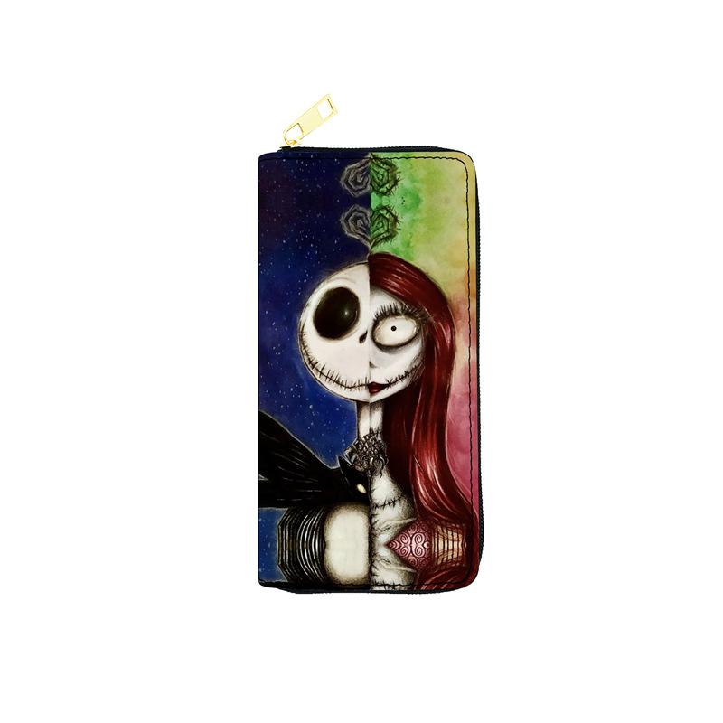Nightmare Before Christmas PU Leather Women Long Zip Wallet Single Zipper Makeup Clutch Bag Jack Skellington Print Black 3pcs