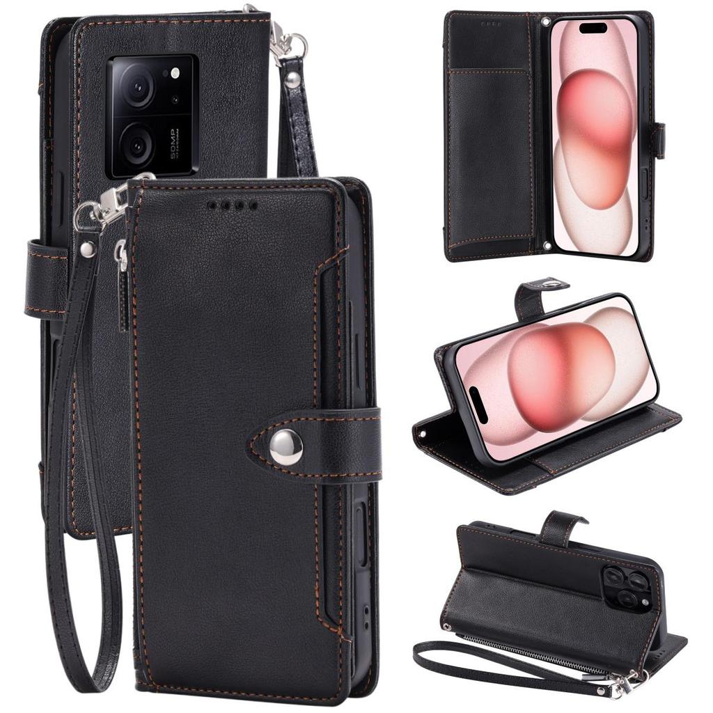 Zipper Pocket Wallet Flip Leather Phone Case for Xiaomi 13T Pro Multi Card Slots Kickstand Cover Wrist Strap