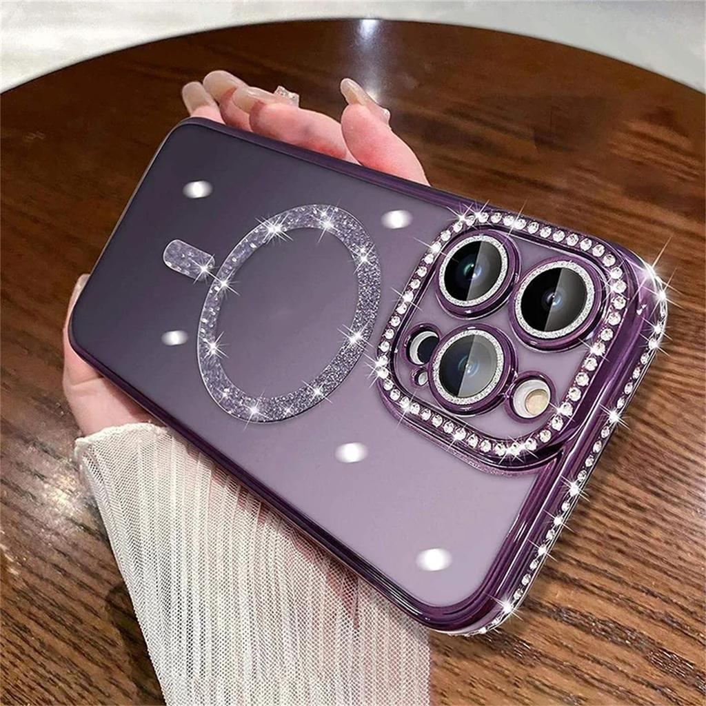 Bling Glitter Rhinestone Magnetic Wireless Charge Case for iPhone 16 15 14 13 12 11 Pro Max Plus Shockproof Jewelled Cover