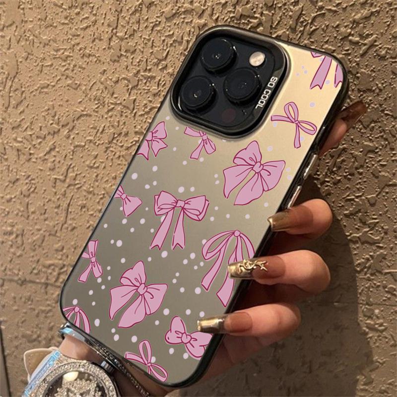 Ins Korean Simple Pink Bow Phone Case for iPhone 15 Pro Max 14 13 12 11 XS X XR 7 8 Plus 15 Luxury Lens Protection Laser Cover