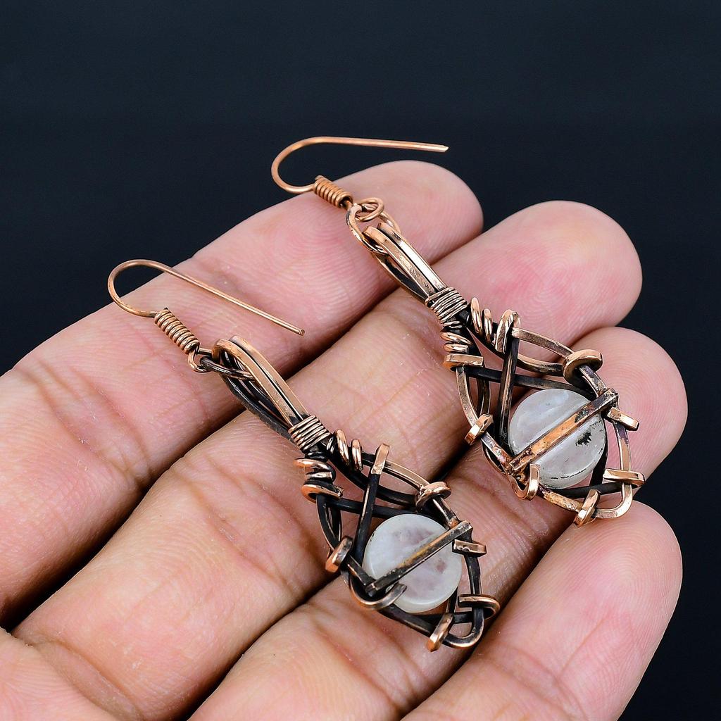 Rainbow Moonstone Earrings Gemstone Jewelry, 999 Copper Wire Wrapped Earrings, Handmade Beautiful Jewelry Earrings