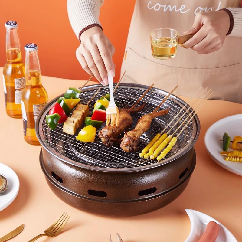 Round Stainless Steel Charcoal Grill for Home and Commercial Use - Japanese Yakiniku Style, Enclosed Design for Tea Boiling