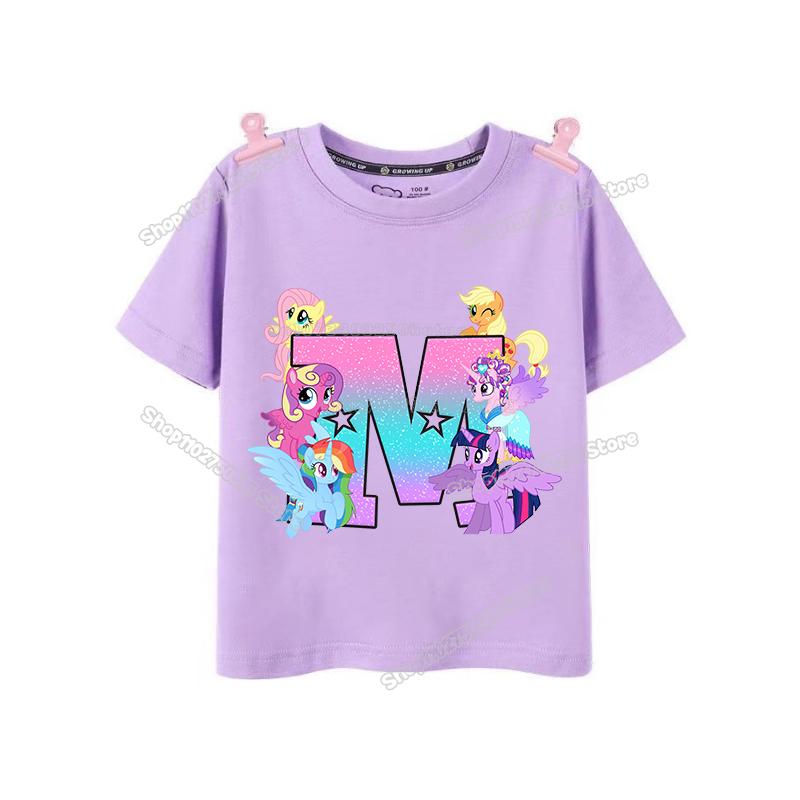 My Little Pony Girl T Shirt Twilight Sparkle Letter AZ TShirts Cartoon Kids Short Sleeve Tee Tops Casual Children Clothes