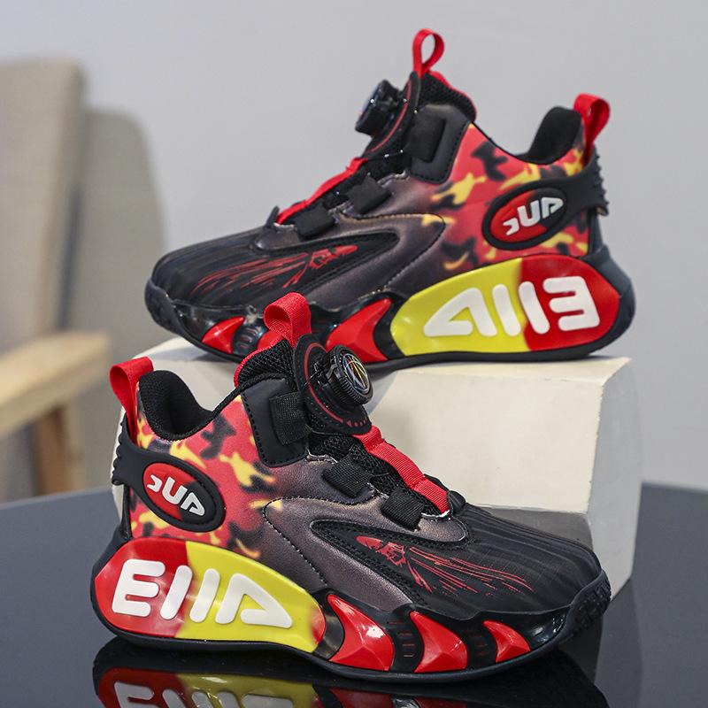 Children's Shoes Boys' Basketball Shoes Spring and Summer New Mesh Breathable Sports Shoes Swing Button Medium and Older Children's Running Shoes