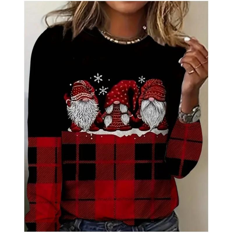

New elegant women s long sleeved T-shirt with printed pattern round neck Christmas pullover elegant and high-end women s T-shirt XL
