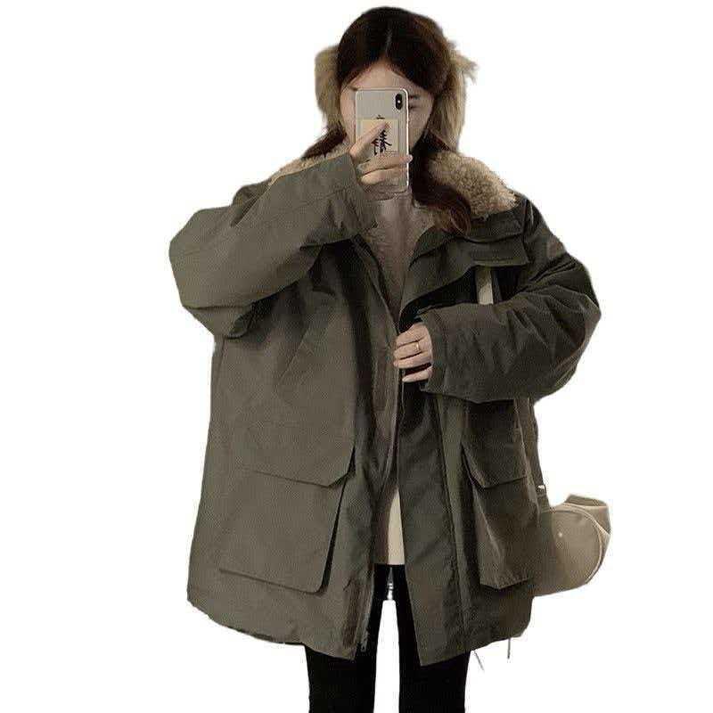 Womens Warm Mid-Length Cotton Puffer Coat With Fleece Lining Solid Color Casual Winter Jacket Daily Wear