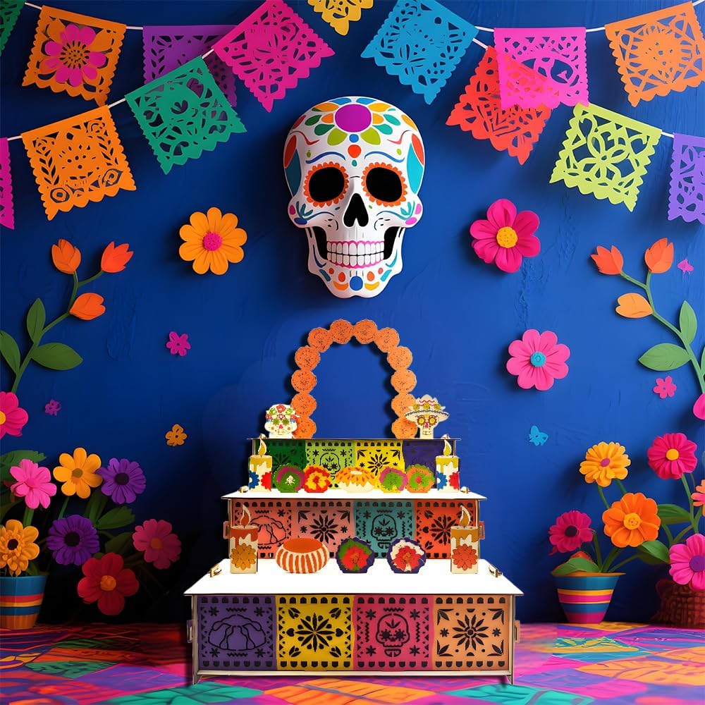 Dia De Los Muertos Decoration Dia De Los Muertos Ofrenda Altar Kit, Wooden Day of The Dead Altar Shadow Box with Photo Frame, 30 Marigold Flowers, 10