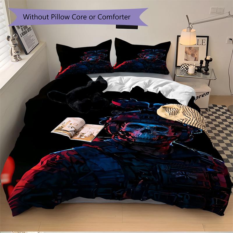 3pcs Skull Camouflage Military Uniform Print Home Bedding Set-Universal Three-Piece Suit for Bedroom, Guest Room, Living Room, Hotel-Perfect
