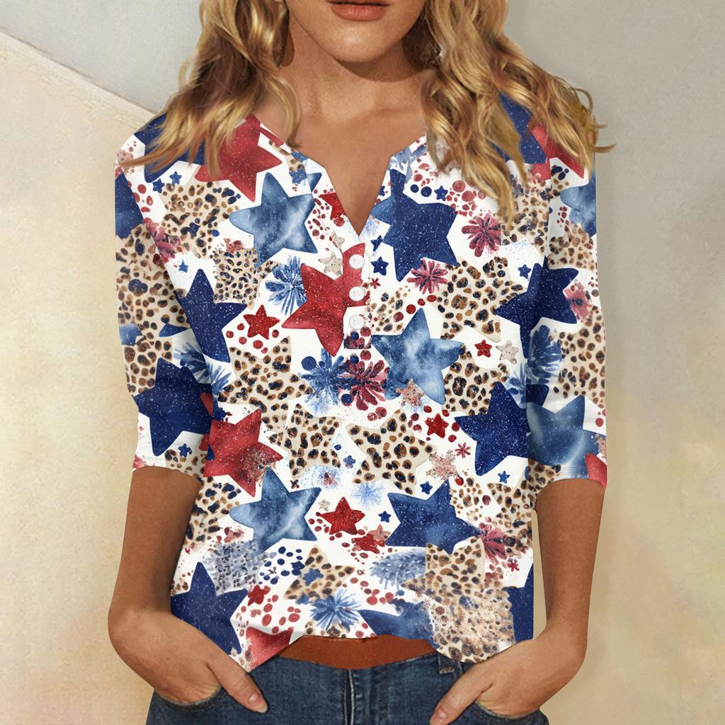 Women's T Shirt Independence Day Print Button 3/4 Sleeve Daily Weekend Fashion Basic V- Neck Regular Top
