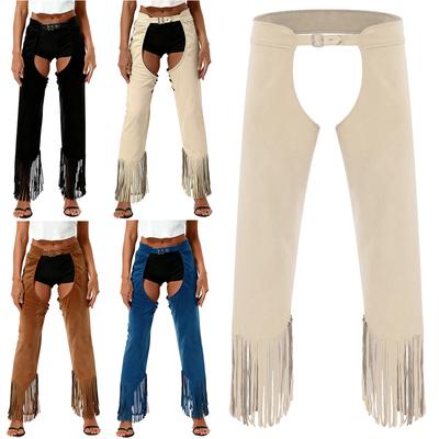 Damen Wildleder Cowgirl Chaps Fransen Schlitze Offener Schritt Verstellbare Schnallen Hosen Vintage Kostüm