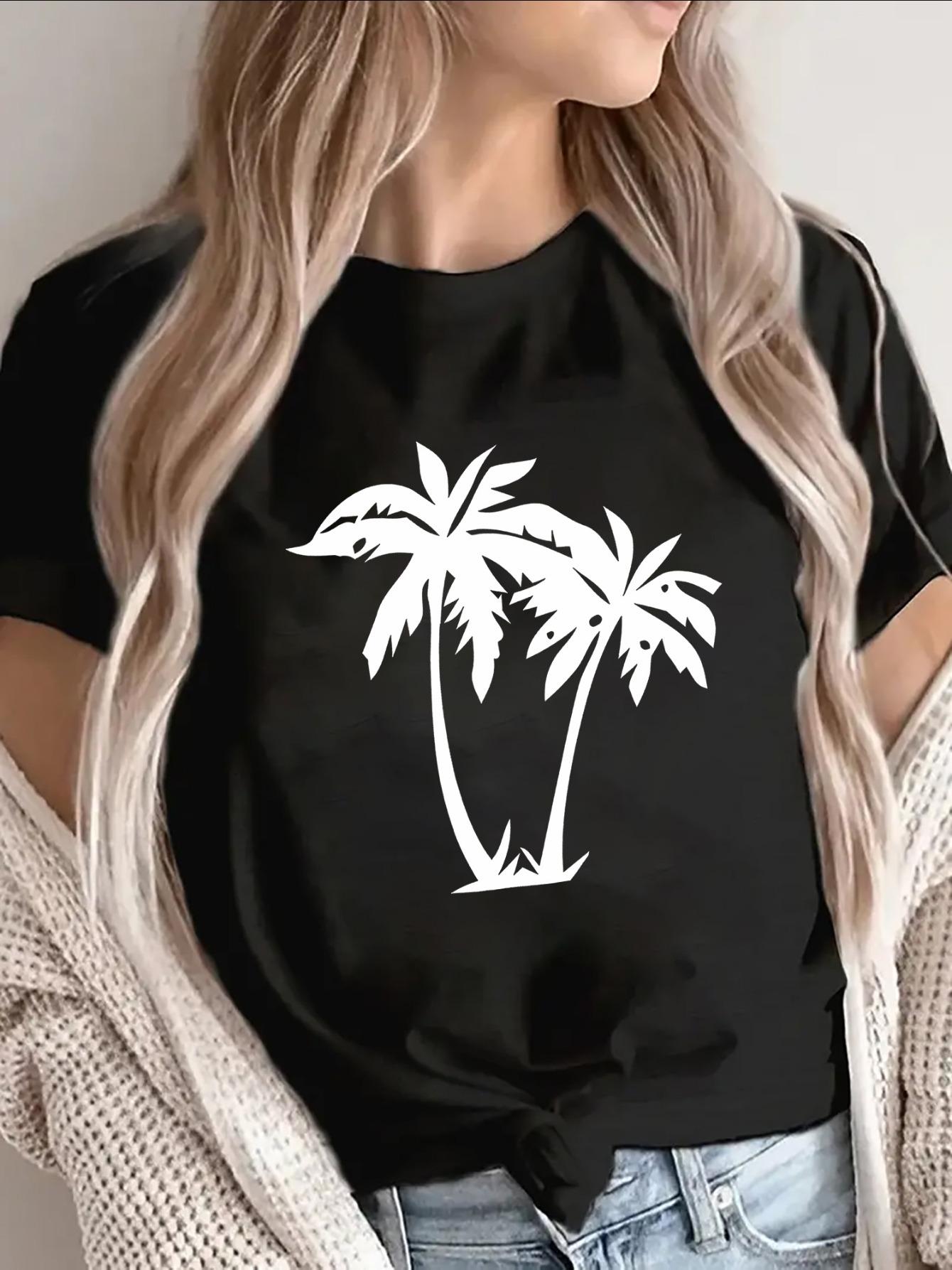 

Women S Short-Sleeve T-Shirt Featuring A Palm Tree Design, Ideal for Casual Summer Outings. It S Lightweight and Breathable, S чёрный