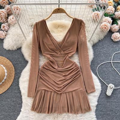 Women Summer Spring Elasticity Long Sleeve Color Soild V-Neck Casual Sheath A-Line Mini-Length High Waist Dress