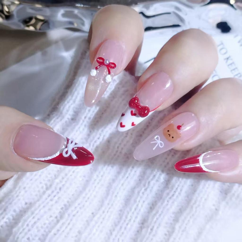 Festlicher Roter Bär Französische Schleife Handgefertigt Katzenauge Niedlich Girly Lange Nägel