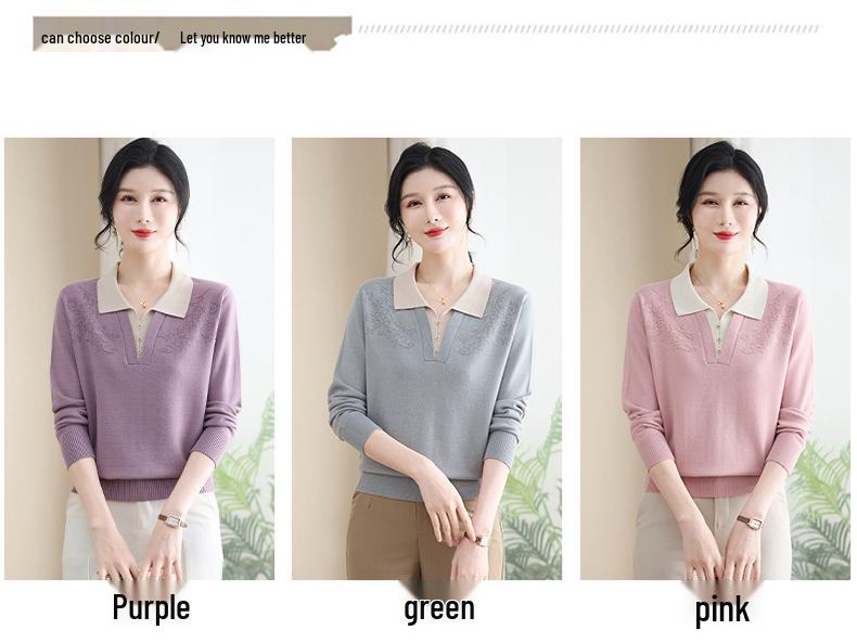 Spring Knitted Top for Middle-Aged & Elderly Women - Turn-Down Collar Loose Pullover Sweater, Casual & Versatile 50s/60s Style