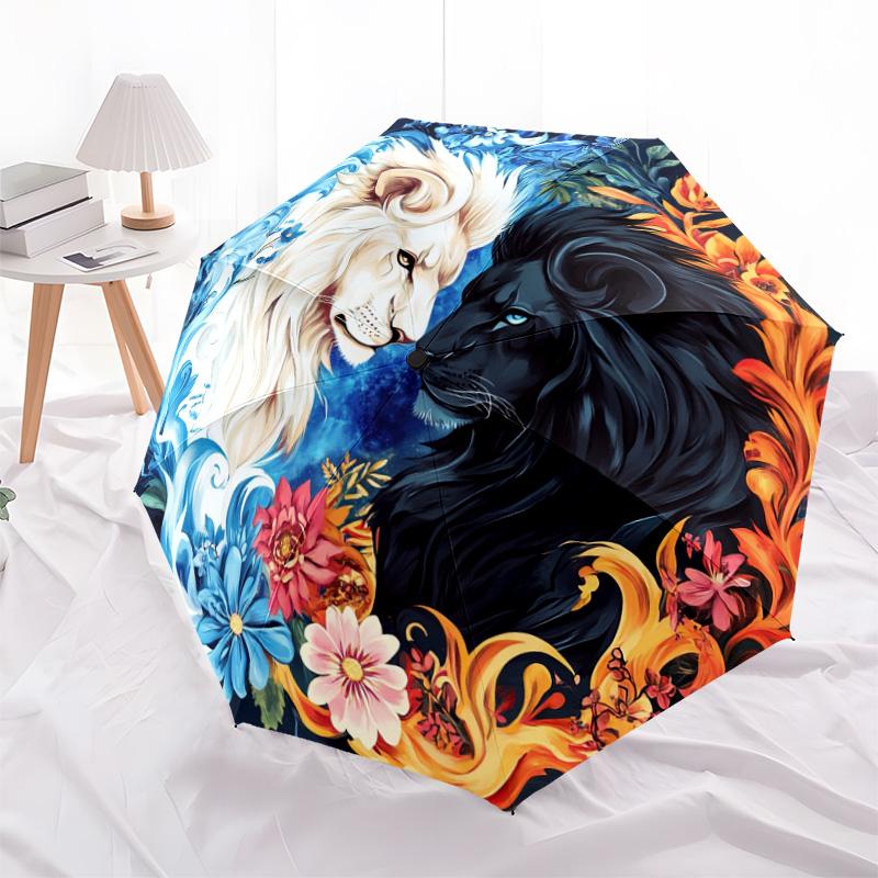 1 PC Automatic Folding Umbrella - Yin Yang Lions Pattern, Portable & Foldable Design with 8 Ribs, Christmas Birthday Gifts