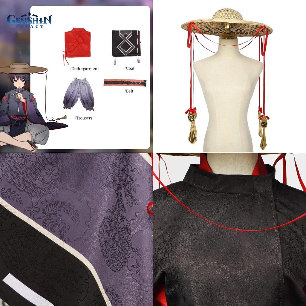 Original Genshin Impact Black Main Cosplay Costume Set Polyester Fabric Game Theme Characters)