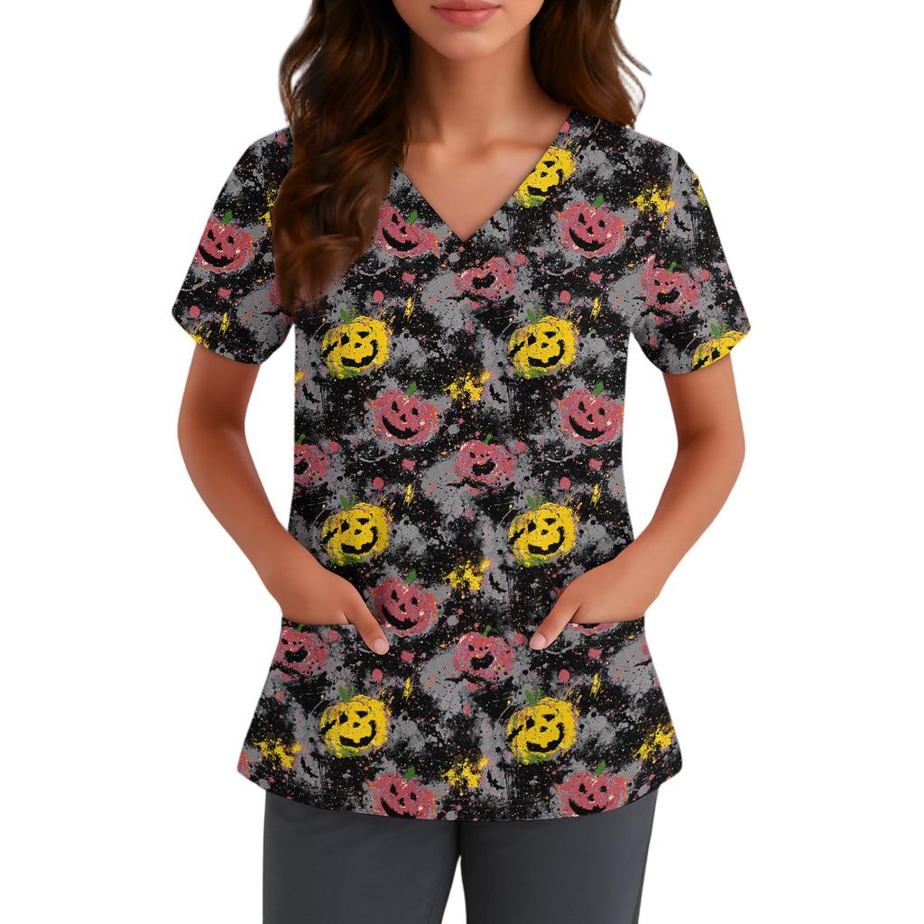Women V Neck Short Sleeve Printed Top with Pockets Halloween Pattern Comfortable Fit for Healthcare Professionals