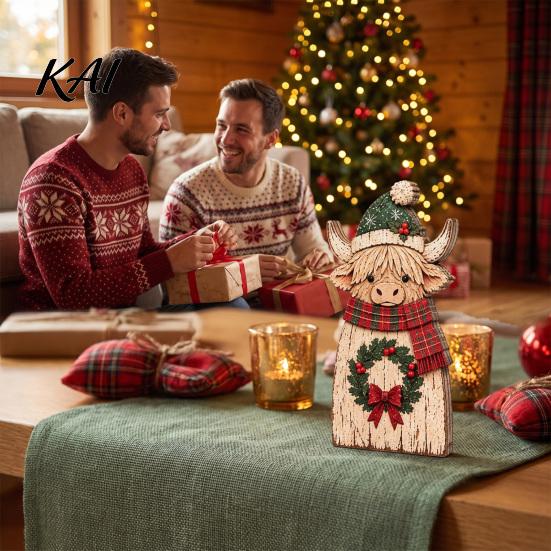 Farmhouse Holiday Gift Highland Cow Wooden Table Sign, Rustic Tiered Tray Centerpiece, 2D Flat Vintage Christmas Party Decor Tabletop Ornament