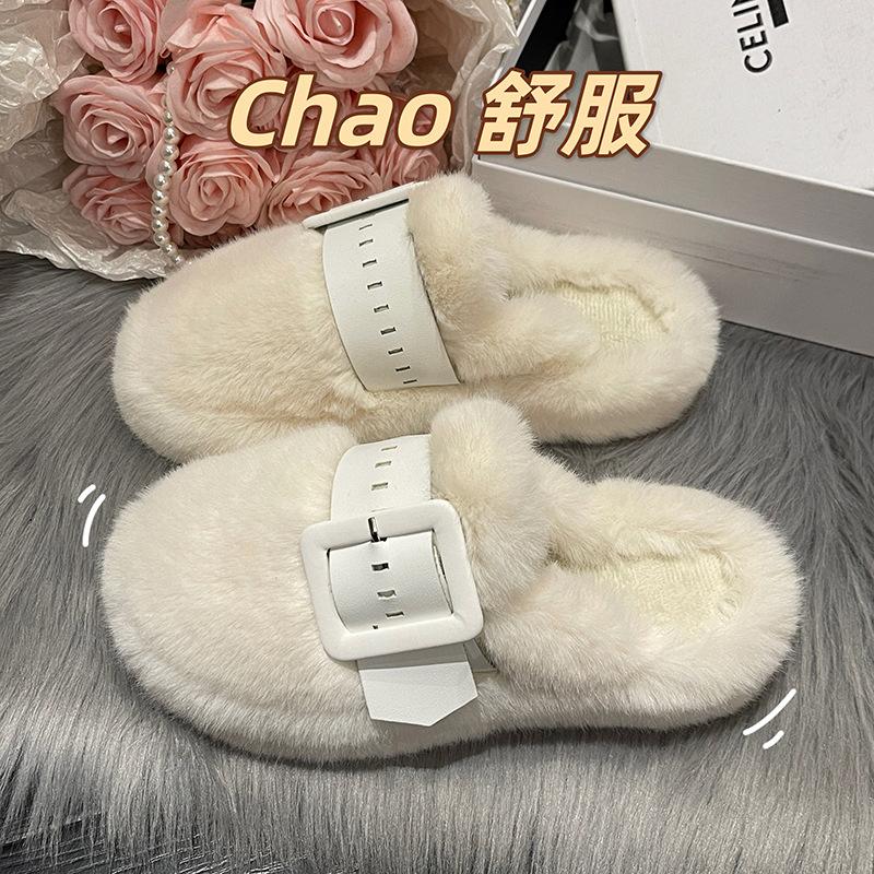 Baotou Halbschlappen Damen Oberbekleidung 2025 Herbst und Winter Neu Gürtelschnalle Mao Mao Hausschuhe Koreanische Version Samt Zuhause Baumwolle Mopp