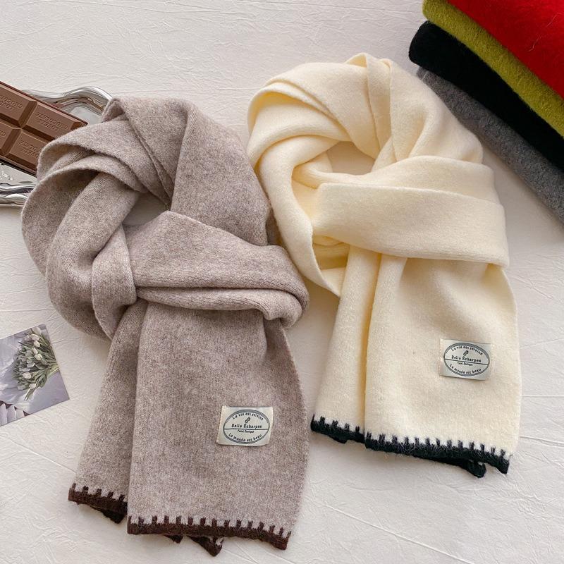 Wool Scarf Women's New Winter Thickened Warm Knitted Scarf High-end Wear White Student Tide