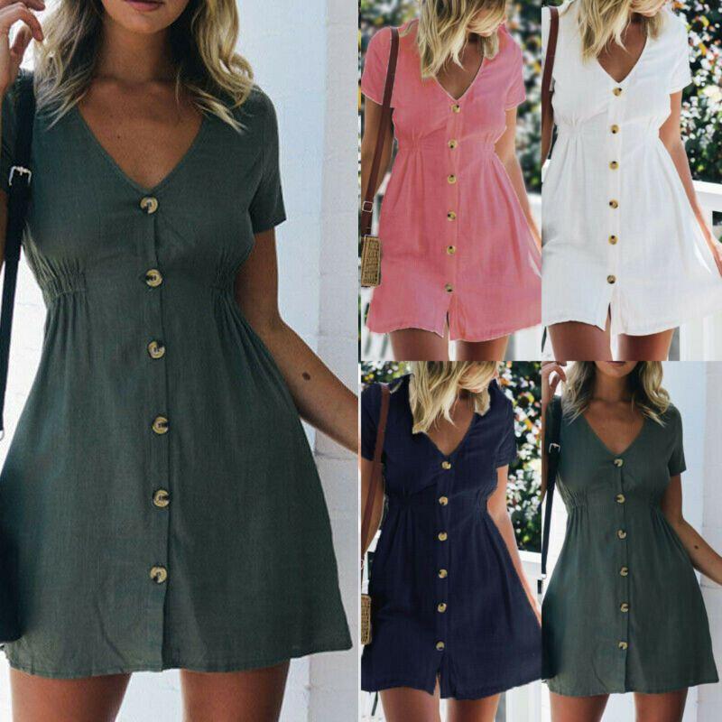 Stylish Women Button Down V Neck Mini Tea Dress In Soft Comfortable Fabric Perfect For Summer Days