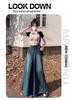 Plus Size Retro Frayed Wide-Leg Denim Skirt for Pear-Shaped Women - High Waist, Slimming Flared Design for Spring and Autumn.