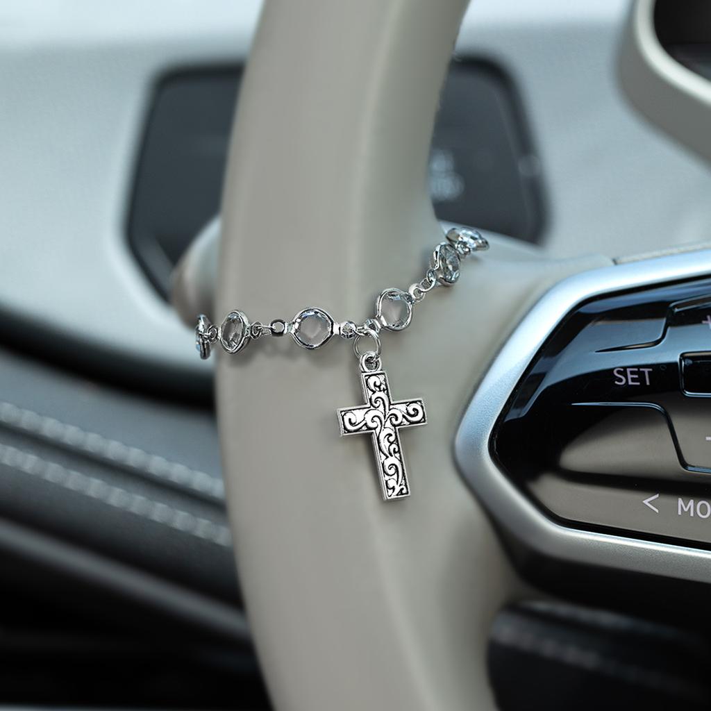 Cross Car Pendant, Transparent Beaded Steering Wheel Ornament, Personalized Car Interior Decoration Supplies