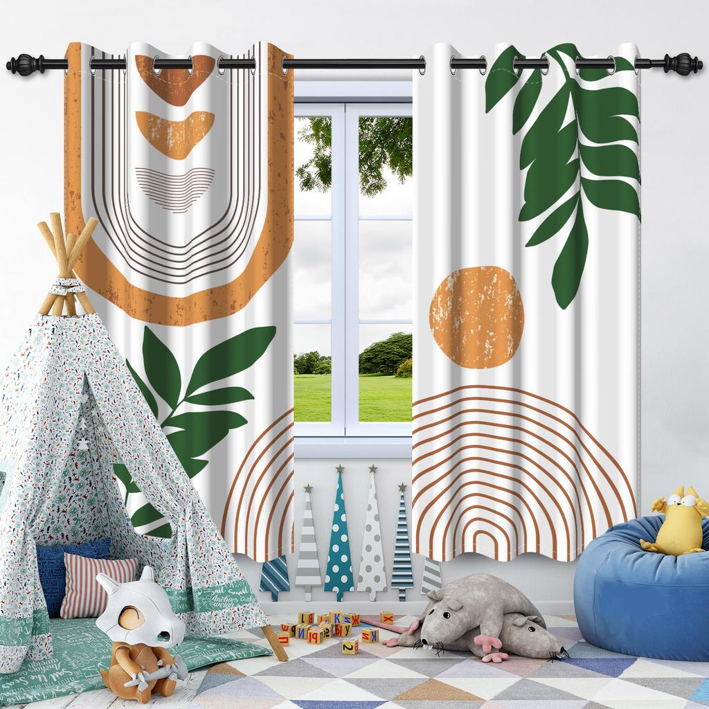 2Pcs Bohemian Style Curtains Plants Leaf Geometric Pattern Blackout Curtains Boho Window Curtain for Bedroom Apartment Decor