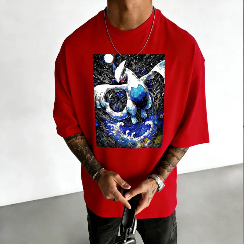 Pokémon Anime Lugia Printed Cotton Tshirt 2026 Summer Mens and Womens Loose Casual Street Versatile Trend Short Sleeved Top