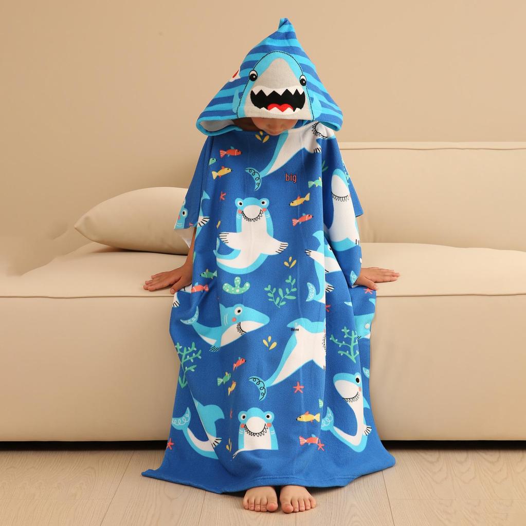 Ultra-Fine Fiber Cartoon Print Kids' Hooded Bath Towel Poncho