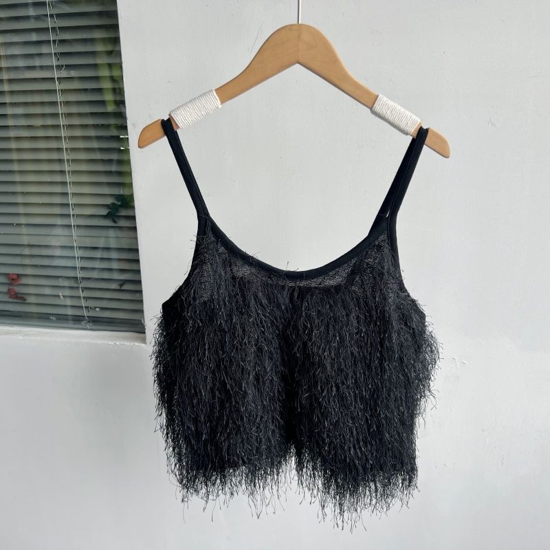 

2B1-21 K-style Tassel Suspender Vest Pure Color Sleeveless Slimming Short Top Chic Design Inner Wear Y25-7 Black M