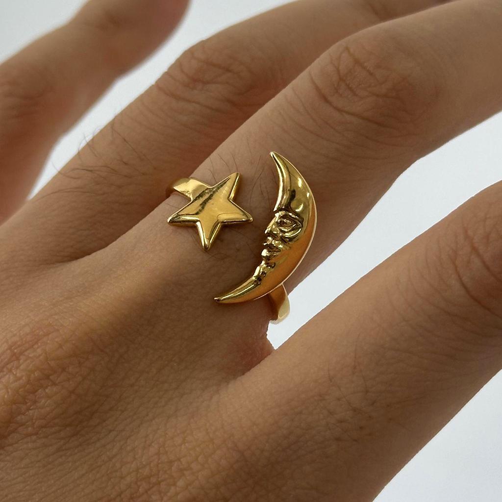 Yori 2025 Minimalist Stainless Steel Star Moon Open Ring 18K Gold Plated Thin Finger Jewelry Basic Style Wholesale