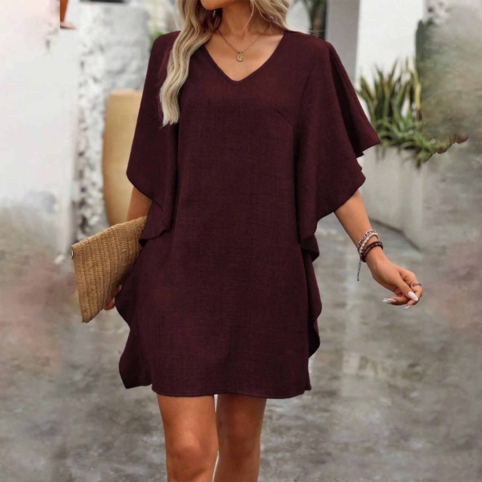 Women s Color Loose-fitting V-neck Dress With Ruffled XXL