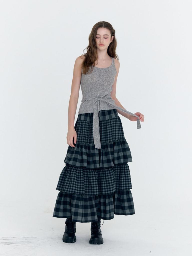 Fabric Seoul Check Cancan Shirring Long Skirt