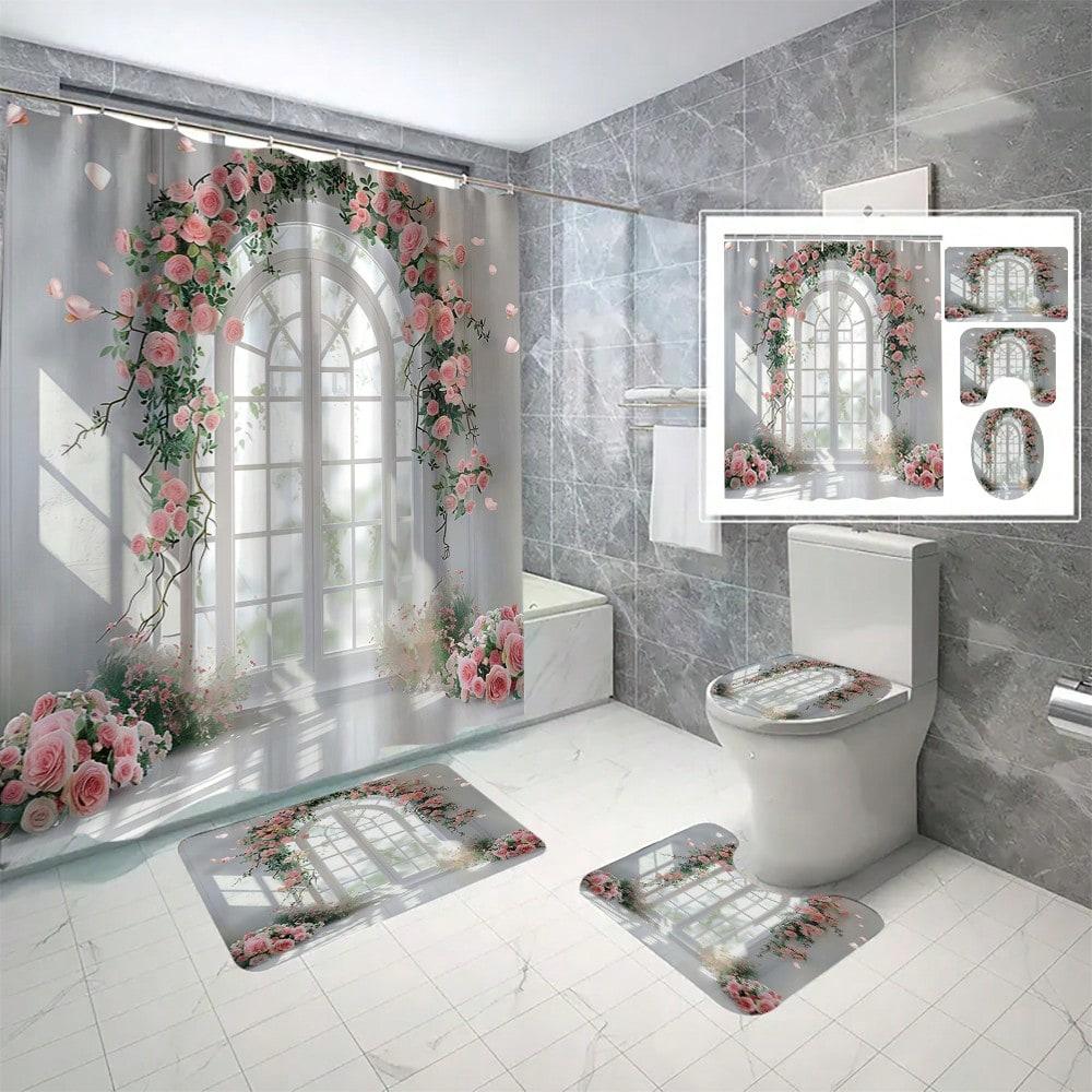 Modern Patroon Bedrukt Badkamerset, Inclusief Douchegordijn, Toiletdekselhoes & U-vormige Mat, Badkameraccessoires