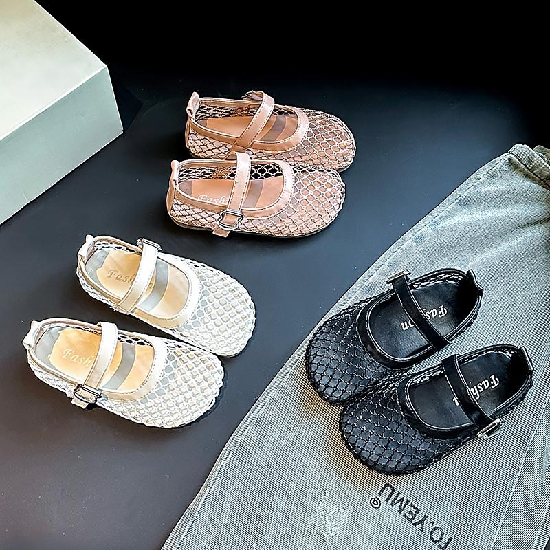 Girls Sandals Mesh Weave Soild Color Kids Princess Shoes Non-slip Soft Sole 2025 Summer New Children Flat Shoes Ins Trendy Sweet