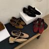 2025 new round head suede one-word with metal buckle, light mouth thick heel versatile OL Mary Jane women's single shoes