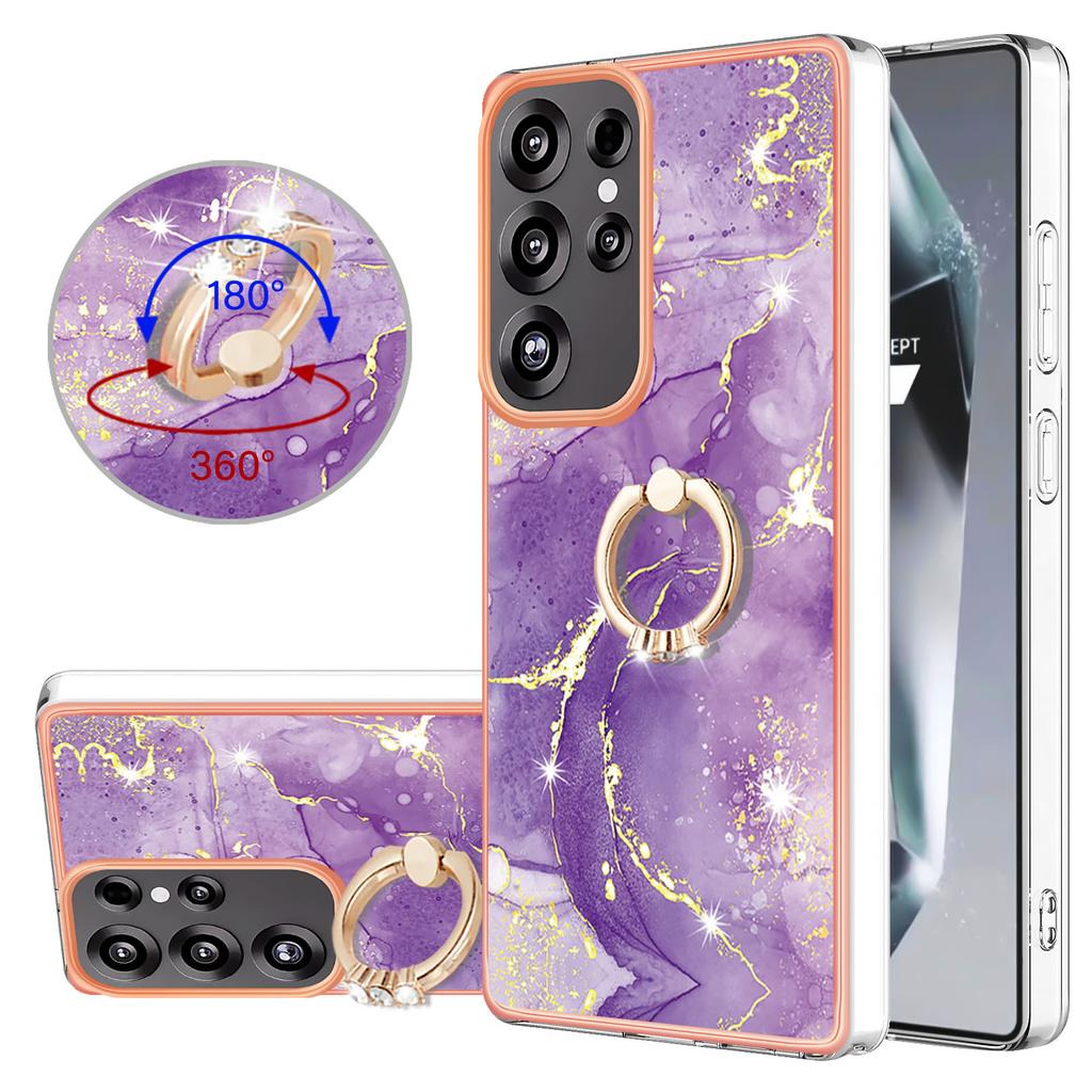 For Samsung Galaxy S25 Ultra Case with Ring Kickstand Marble Pattern Electroplating TPU Back Cover