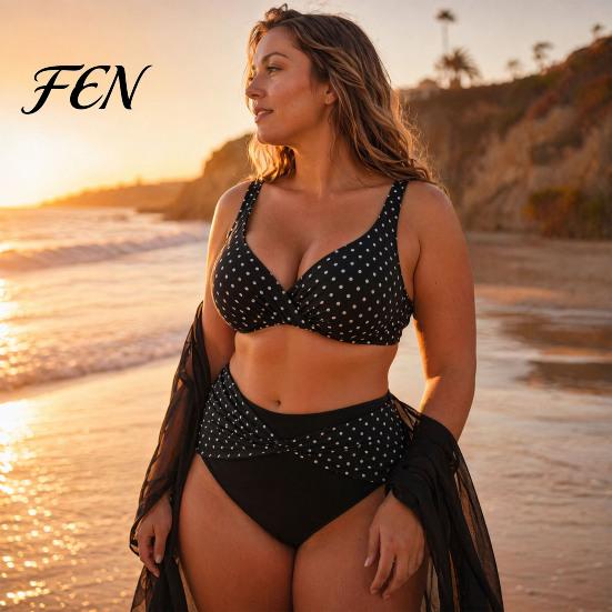 Eingebaute Stütze Badebekleidung 2 Teile/Set Große Größen Bikini-Set, Kreuz-Brust V-Ausschnitt BH mit Eingebauter Stütze, Punktmuster Set High-Waist Verdrehte Bikinihose,